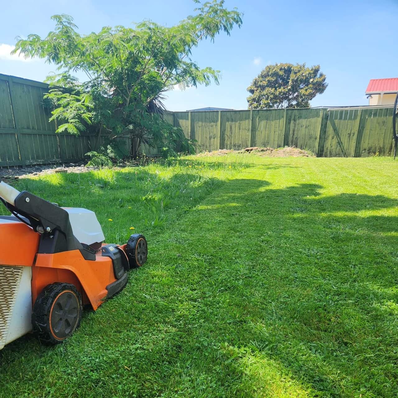 Battery-powered mower cutting a Kihikihi lawn