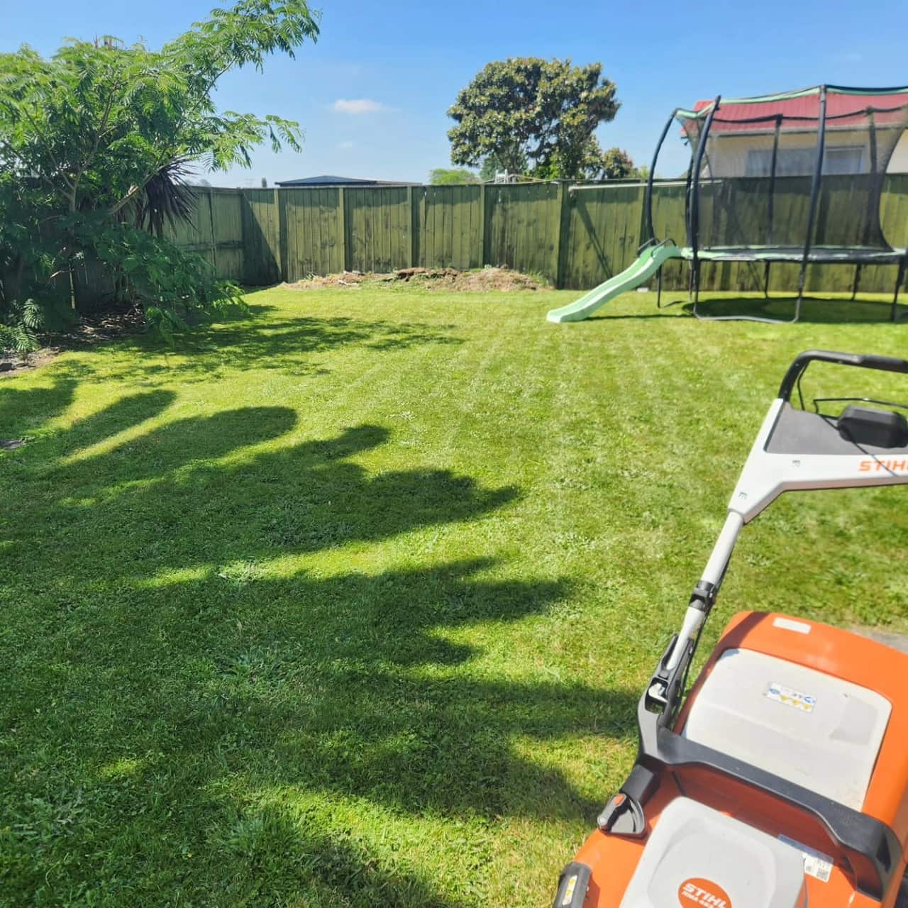 Battery-powered push mower cutting fresh stripes into a Te Awamutu backyard